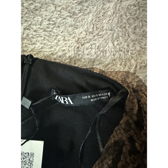 Zara Dress Draped Tulle Mini Long Sleeve in Snakeskin Brown Size S New - Picture 8 of 16